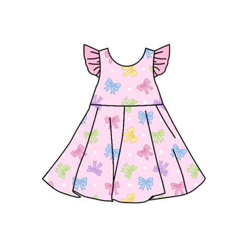 3.25 GSD2271 Baby Girls Pink Flutter Sleeves Colorful Bows Knee Length Dresses Preorder