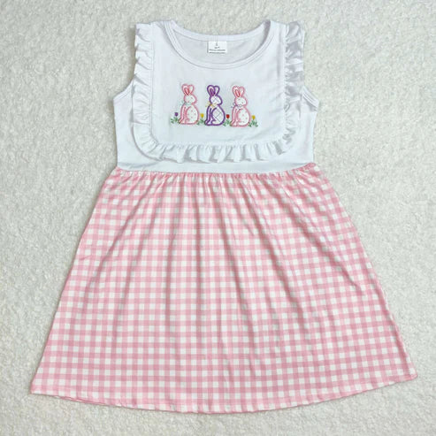 GSD1696 Baby Girls Easter Rabbits Pink Checkered Knee Length Dress