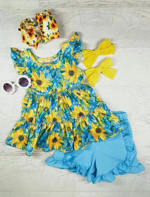 3.20 GSSO2361 Baby Girls Blue Flutter Sleeves Sunflowers Tunic Ruffle Short Clothes Set Preorder