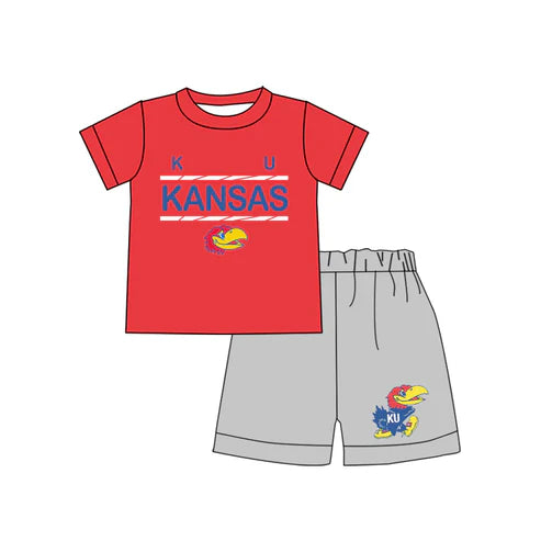 4.26 Preorder(moq 3) Baby Boys KU Kansas Team Shirts Shorts Summer outfits sets
