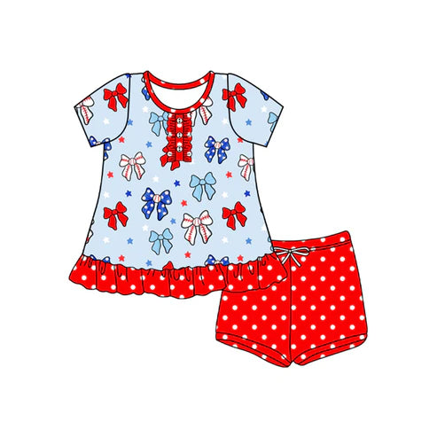 4.21 GSSO2566 Baby Girls Button Blue Red Bows Stars Tunic Polka Dots Short 4th Of July Set Preorder