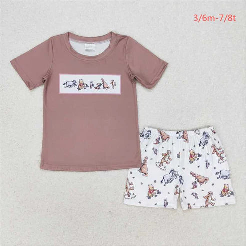 BSSO0940 Boys cartoon bear brown short-sleeved shorts set