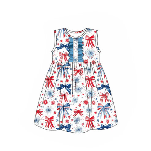 3.20 GSD2186 Baby Girls Sleeveless Butter Blue Red Bows Fireworks 4th Of July Knee Length Dresses preorder