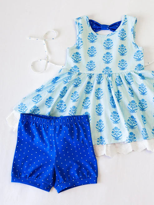 4.24  GSSO2591 Baby Girls Blue Stripe Flowers Plaid Lace Tunic Polka Dots Short Set Preorder