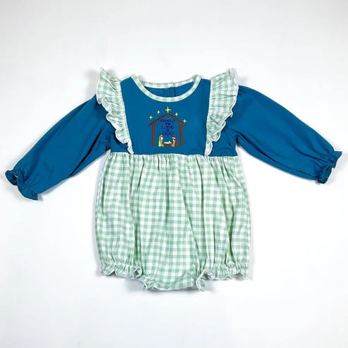 7.26 LR2477 Baby Girls Long Ruffle Sleeves Nativity Christmas Rompers Preorder