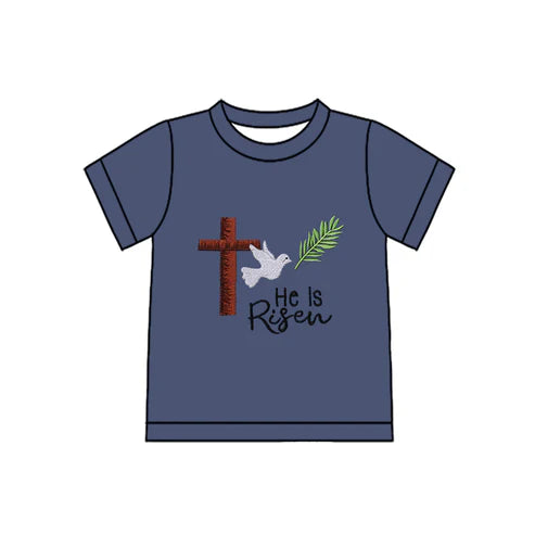 11.4 BT1484 Baby Boys Short Sleeve Cross He is Risen Easter T-shirts Top Preorder