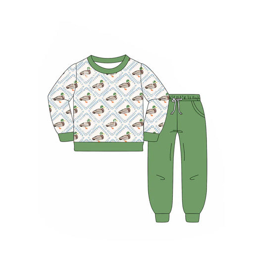 6.16 BLP1071 Baby Boys Long Sleeves Green Ducks Plaid Top Pockets Legging Pant Set Preorder