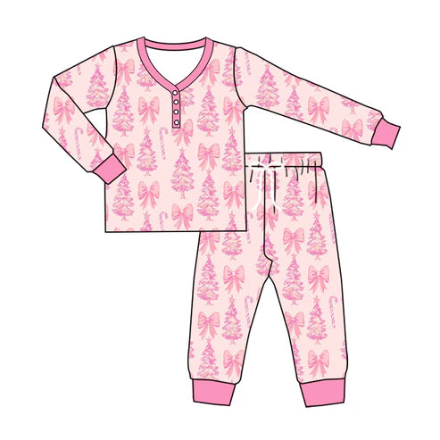 5.19 GLP2357 Adult Women Long Sleeves Pink Bows Trees Top Pant Pajamas Set Preorder