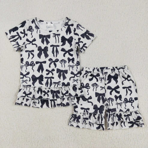 GSSO1852 Baby Girls Black Bows Shirts Ruffle Shorts Clothes Set