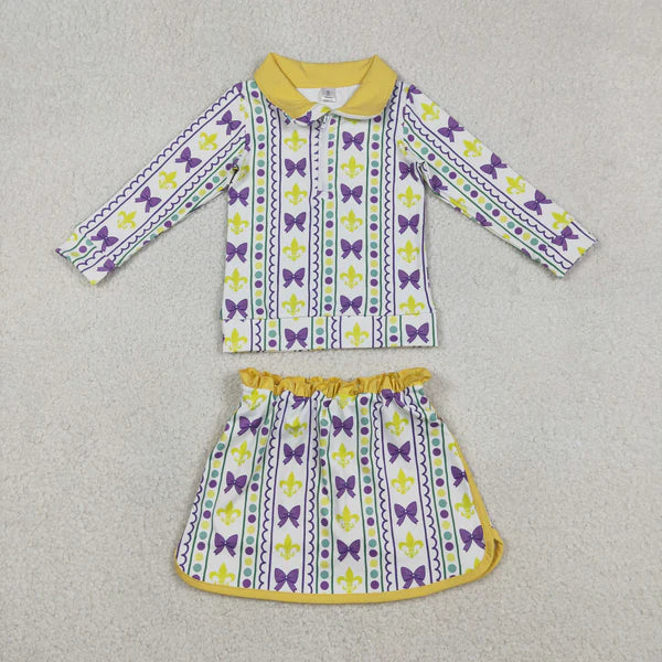 12.13 GLD1363 Baby Girls Mardigras Anchors Bows Stripe Zipper Pullovers Skirt Shorts Yoga Clothes Set