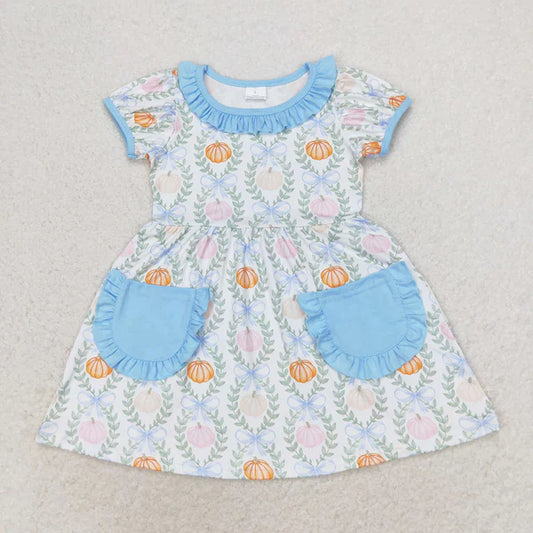 L-3.6 GSD1269 Pumpkin leaves blue lace pocket short-sleeved dress