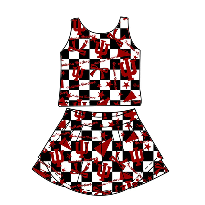 7.8 Custom Moq 3 Baby Girls Sleeveless IU Plaid Bows Vest Top Short Skirts Set