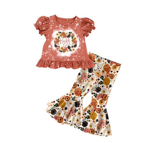 5.21 GSPO2026 Baby Girls Peach Short Ruffle Sleeves Flowers Tunic Bell Bottom Pant Set Preorder