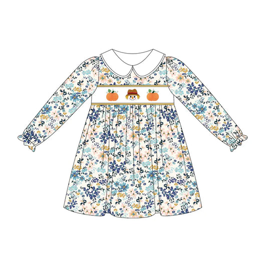 6.14  GLD1071 Baby Girls Long Ruffle Sleeves Floral Pumpkins Knee Length Dress Preorder
