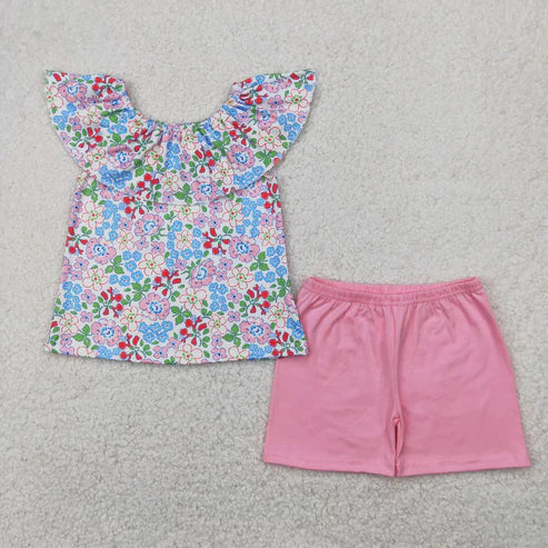 4.12 GSSO2277 Baby Girls Pink Flowers Ruffle Tunic Tops Shorts Clothes Set