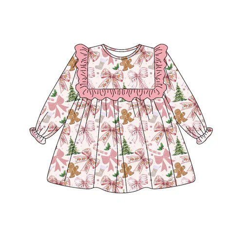 6.28 no moq GLD1176 PRE-ORDER baby girl clothes Christmas bow pink long sleeve dress