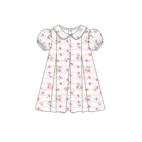 3.22 GSD2209 Baby Girls Short Ruffle Sleeves Pink Stripe Floral Knee Length Dresses Preorder