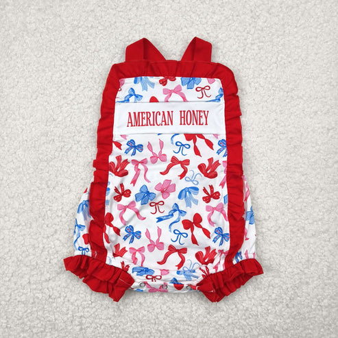 5.3  SR3048 Baby Girls Red Strap American Honey Blue Bows 4th Of July Romper