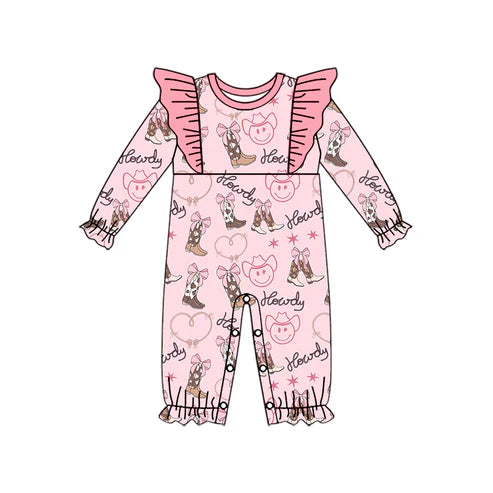 5.24 LR1904 Baby Infant Girls Western Howdy Boots Long Sleeve Rompers preorder