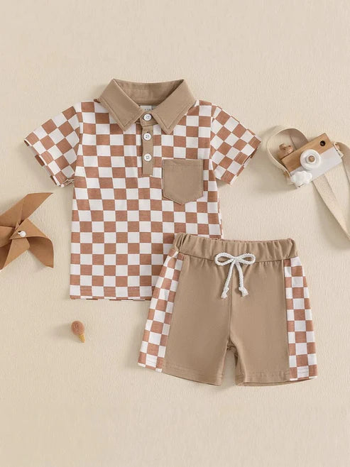 4.16 BSSO1471 Baby Boys Khaki Plaid Button Pocket Top Short Set Preorder