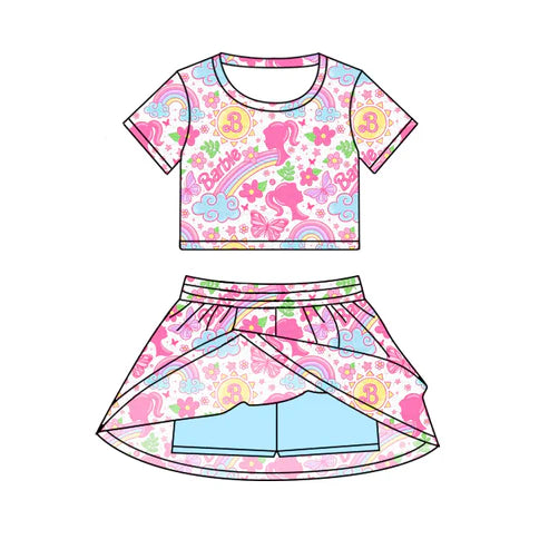 6.24 Custom Moq 3 Baby Girls Pink Doll Cartoon Top Skirt Skort Sets