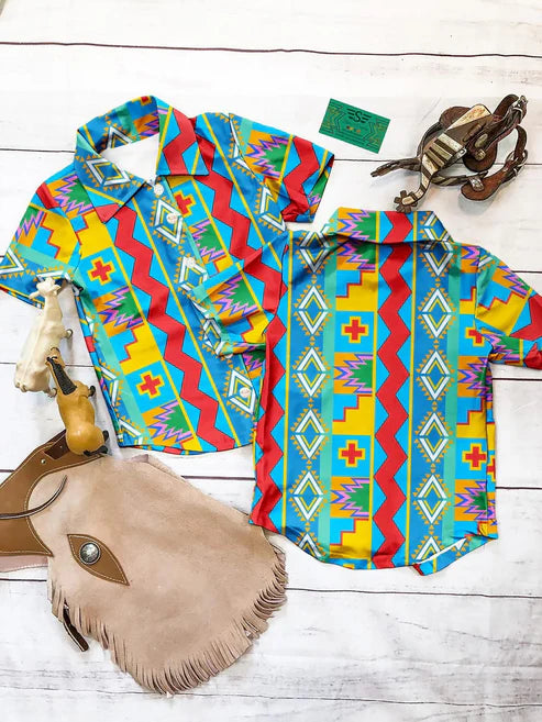 4.19 BT1225 Baby Boys Short Sleeves Colorful Aztec Print Button Shirts Top Preorder