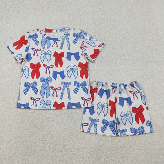 12.13 GSSO2772 Baby Girls Blue Red Bows Top Shorts 4th of July Pajamas Clothes Set