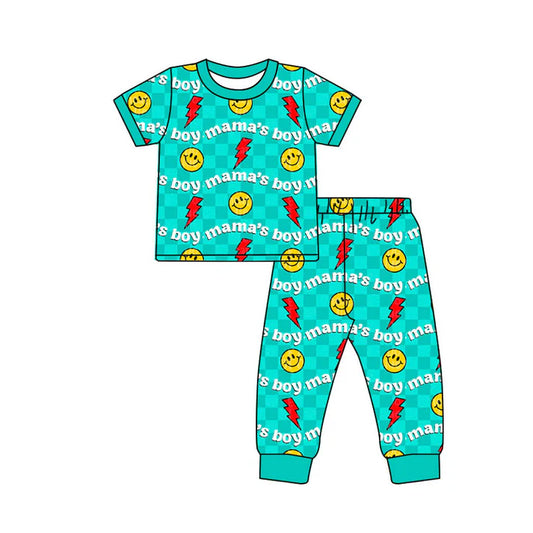 9.26 BSPO0593 Baby Boys Aqua Checked Mamas Boy Lights Smiles Top Pants Pajamas Sets Preorder