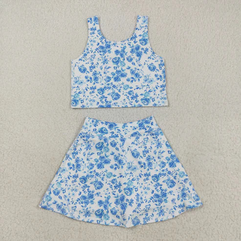 8.12 Baby Girls Blue Flowers Print Vest Top Shorts Skirts Yoga Activity Set