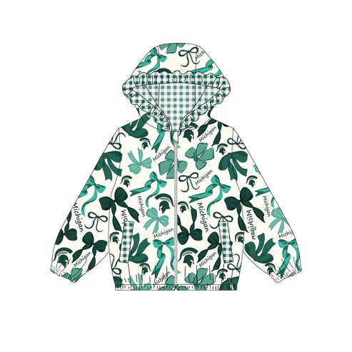 10.8 Custom Moq 5 Baby Girls Green Michigan Team Zipper Hoodies Tops