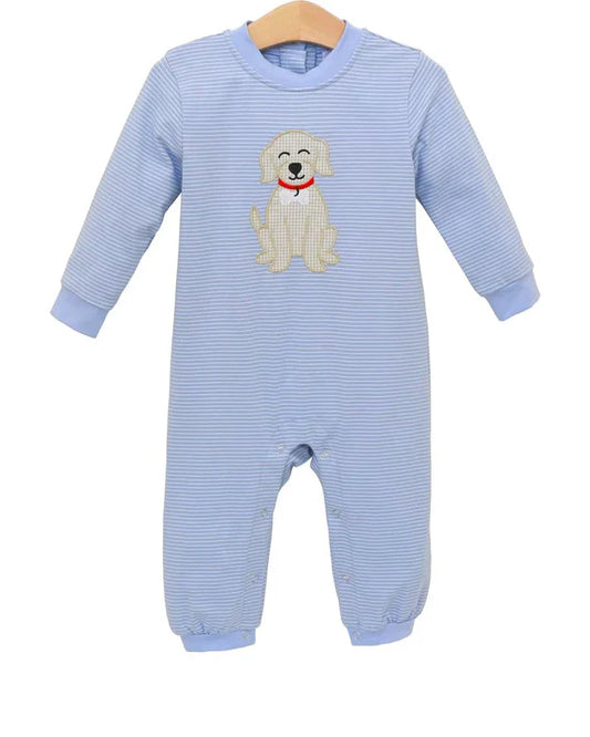 8.23 LR2579 Baby Boys Blue Stripe Dogs Footie Rompers Preorder