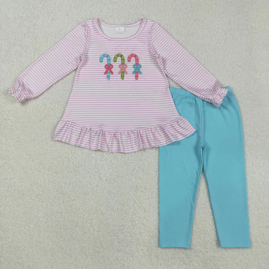 8.26 GLP2468 Embroidery Baby Girls Pink Stripe Long Ruffle Sleeves Candy Cane Tunic Blue Legging Pant Set
