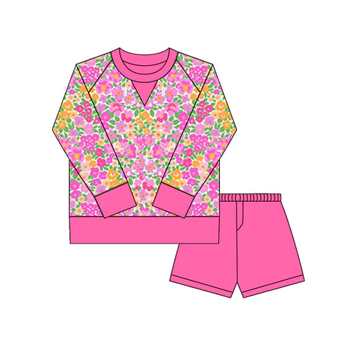 10.18  GLS0028 Baby Girls Orange Pink Floral Long Sleeve Top Shorts Yoga Clothes Sets Preorder