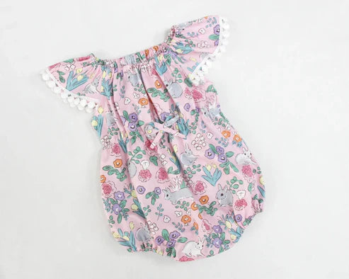 9.29 SR3234 Baby Girls Pink Flowers Rabbits Easter Ruffle Rompers Preorder