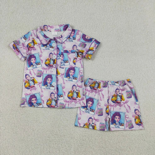 12.27 12/18m-14/16t RTS NO MOQ（In Stock) Kpop Photo Bow Pattern Purple Plaid Short-Sleeve Shorts Pajama Set