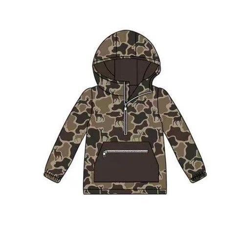 9.9 Custom Moq 5 Baby Boys Dark Brown Deer Camo Zipper Pocket Western Hooded Tops