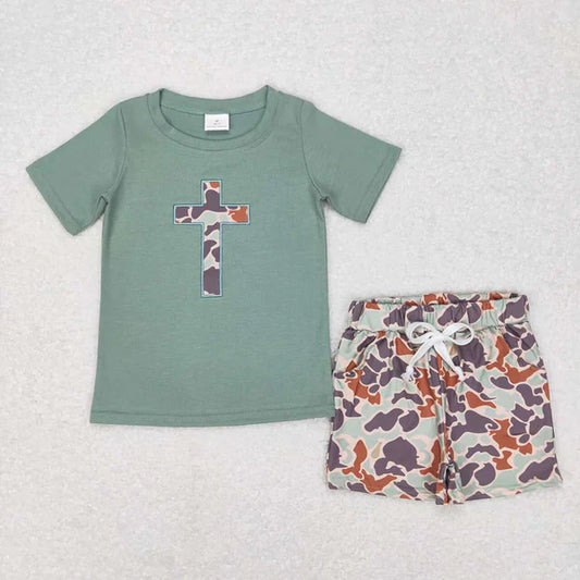 L-3.6 BT0443+SS0138 Baby Boys Easter Camo Cross Tee Shirts Tops Shorts Clothing Set