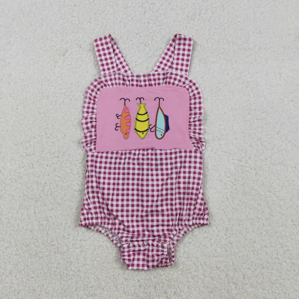12.13 SR3414 Embroidery Fishing Baby Girls Pink Checked Strap Checked Hunting Ruffle Romper