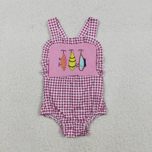 12.13 SR3414 Embroidery Fishing Baby Girls Pink Checked Strap Checked Hunting Ruffle Romper