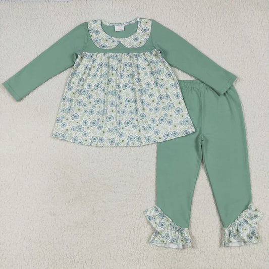 8.15 GLP2407 Baby Girls Aqua Long Sleeves Floral Tunic Ruffle Pant Set
