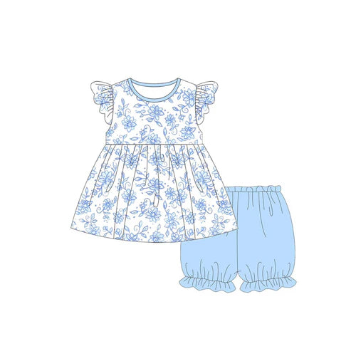 GSSO2304 Baby Girls Blue Flowers Tunic Elastic Shorts Clothes Sets preorder