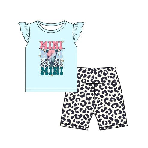 6.19 GSSO2597 Baby Girls Aqua Flutter Sleeves Mini Bull Skull Top Leopard Short Set Preorder