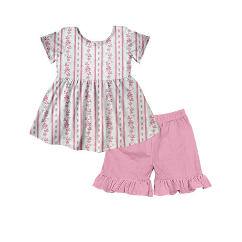 4.16 GSSO2530 Baby Girls Short Sleeves Pink Floral Stripe Tunic Ruffle Short Set Preorder