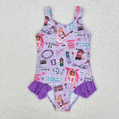 S0388 Baby Girls Purple Sleeveless Ruffle One Piece Swimsuit