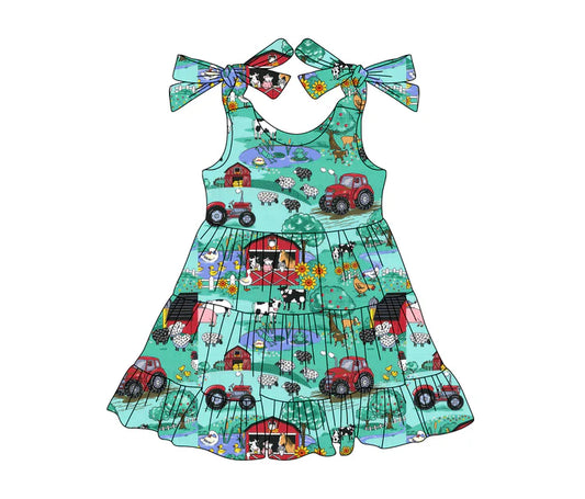 3.25 GSD2234 Baby Girls Green Strap Trucks Houses Cows Farm Knee Length Dresses Preorder