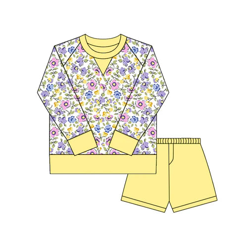 10.18 GLS0030 Baby Girls Pink Yellow Floral Long Sleeve Top Shorts Yoga Clothes Sets Preorder