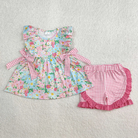 3.14 GSSO2111 Baby Girls Blue Pink Flowers Bows Tunic Ruffle Shorts Clothes Set