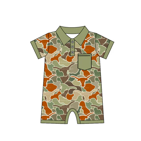 SR2347 Baby Infant Boys Cow Green Camo Pocket Rompers preorder