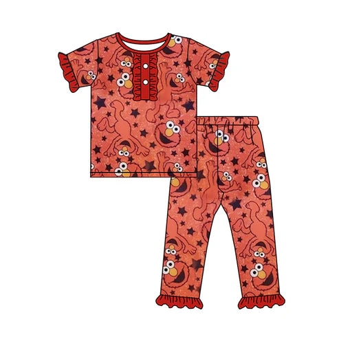 5.6  Baby Girls Short Ruffle Sleeves Cartoon Cats Button Top Pants Pajamas Set Preorder (moq 3)
