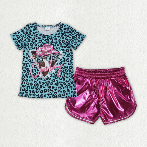 7.1 GT0934+SS0414 Baby Girls Blue Leopard Cowboy Tops Hot Pink Leather Shorts Clothes Set
